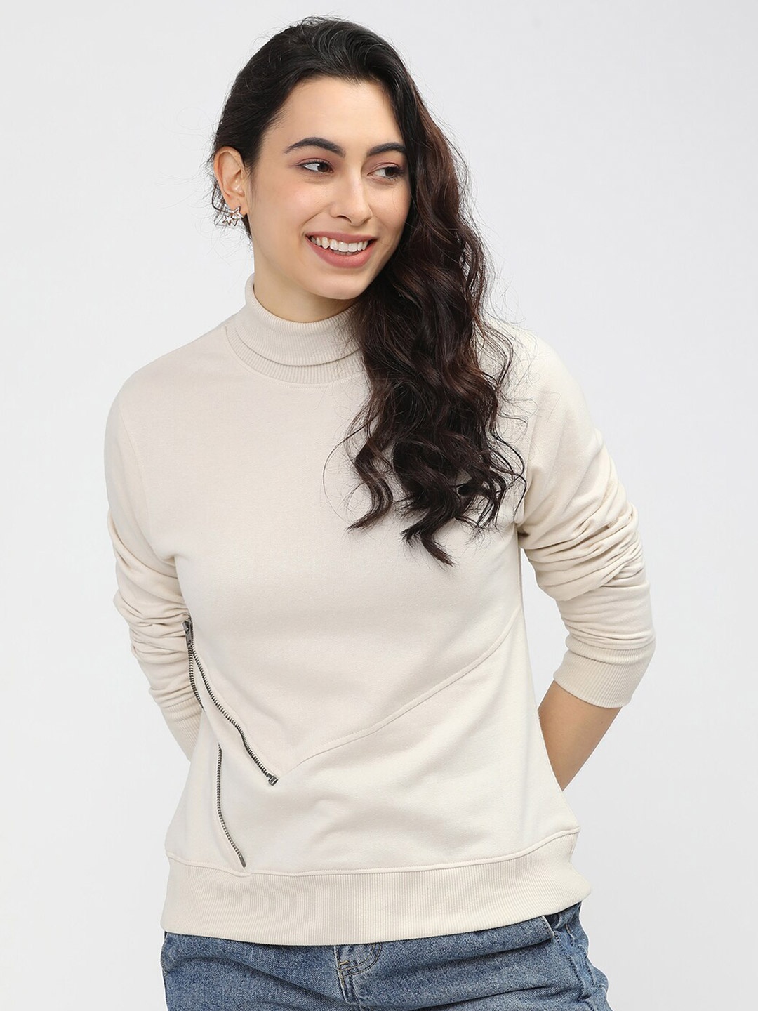 

Tokyo Talkies Women Off White Turtle Neck Sweatshirt