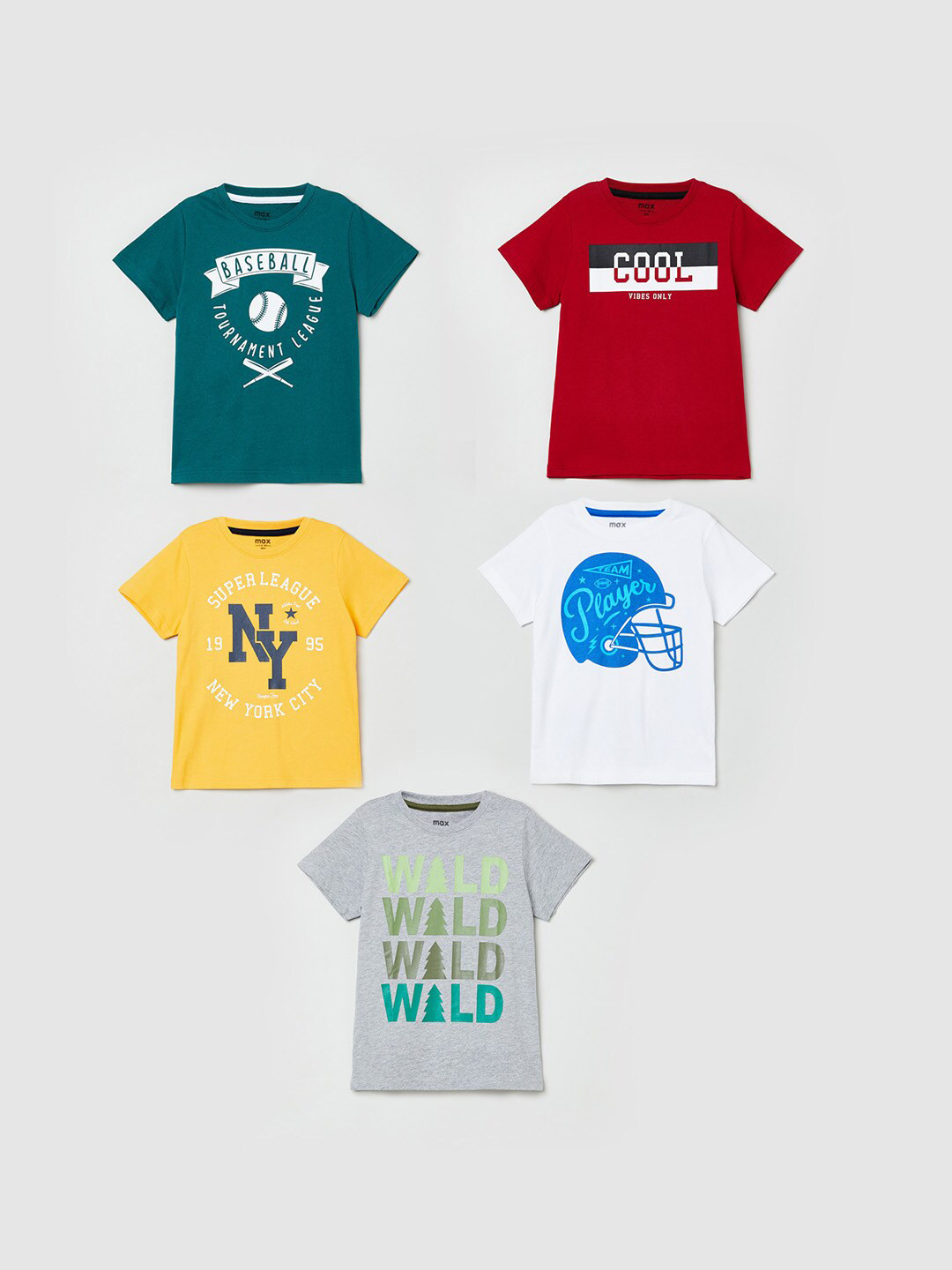 

max Boys Pack of 5 Typography Printed T-shirt, Multi