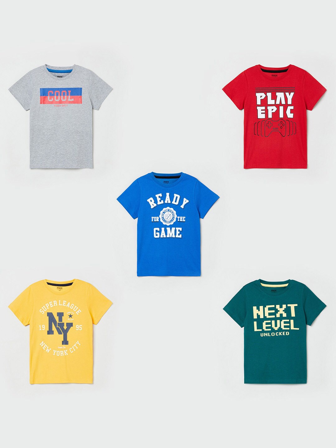 max Boys Set of 5 Typography Printed Pure Cotton T-shirt, Blue
