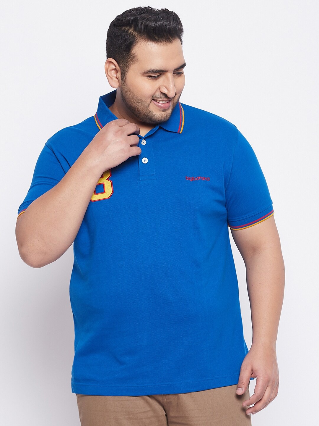 

bigbanana Plus Size Men Blue & Yellow Solid Polo Collar Bio Finish T-shirt