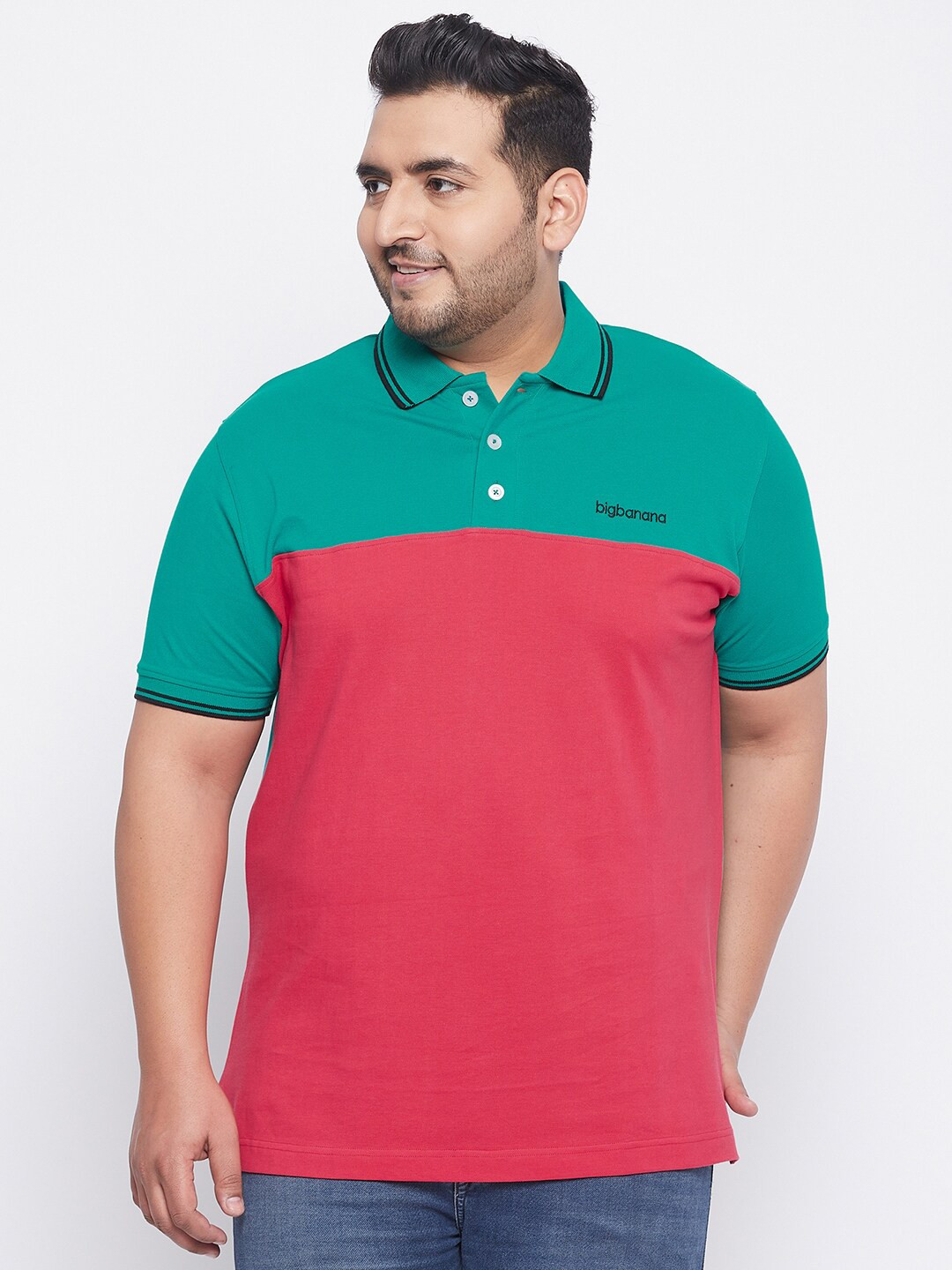 

bigbanana Plus Size Men Green & Coral Red Colourblocked Polo Collar Bio Finish T-shirt
