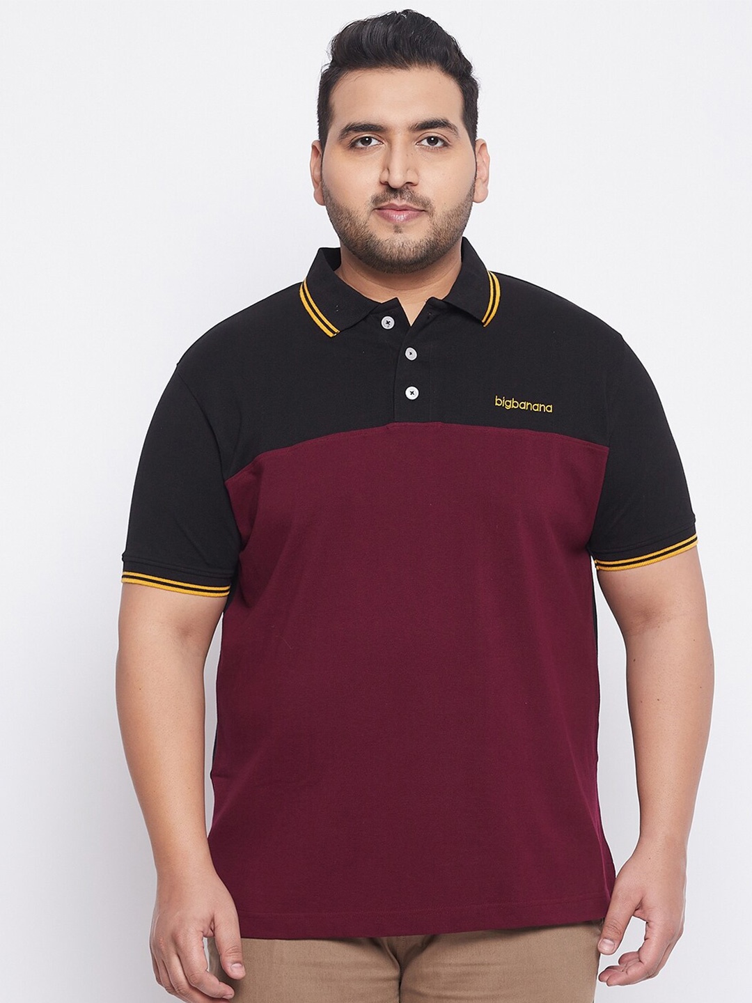 

bigbanana Men Black & Maroon Colourblocked Polo Collar Bio Finish Plus Size T-shirt