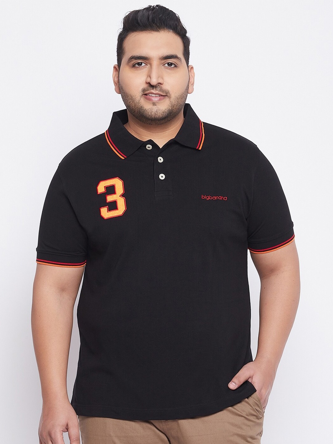 

bigbanana Men Plus Size Black Polo Collar Bio Finish Pure Cotton T-shirt
