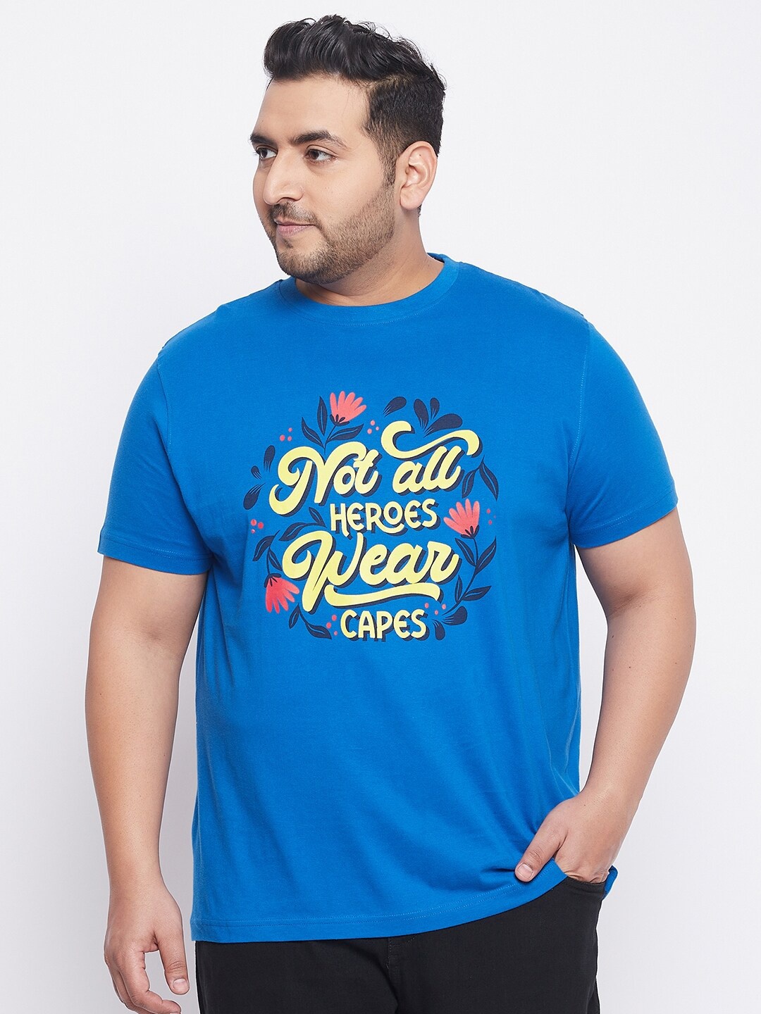 

bigbanana Plus Size Men Blue Typography Printed Bio Finish Pure Cotton T-shirt