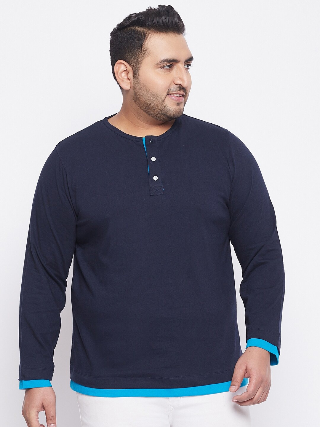 

bigbanana Plus Size Men Navy Blue Henley Neck Bio Finish T-shirt