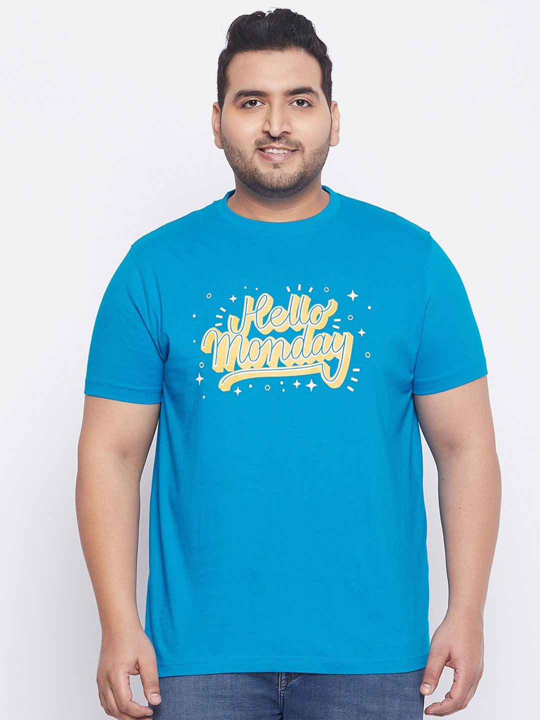 

bigbanana Plus Size Men Blue Typography Printed Bio Finish Applique T-shirt