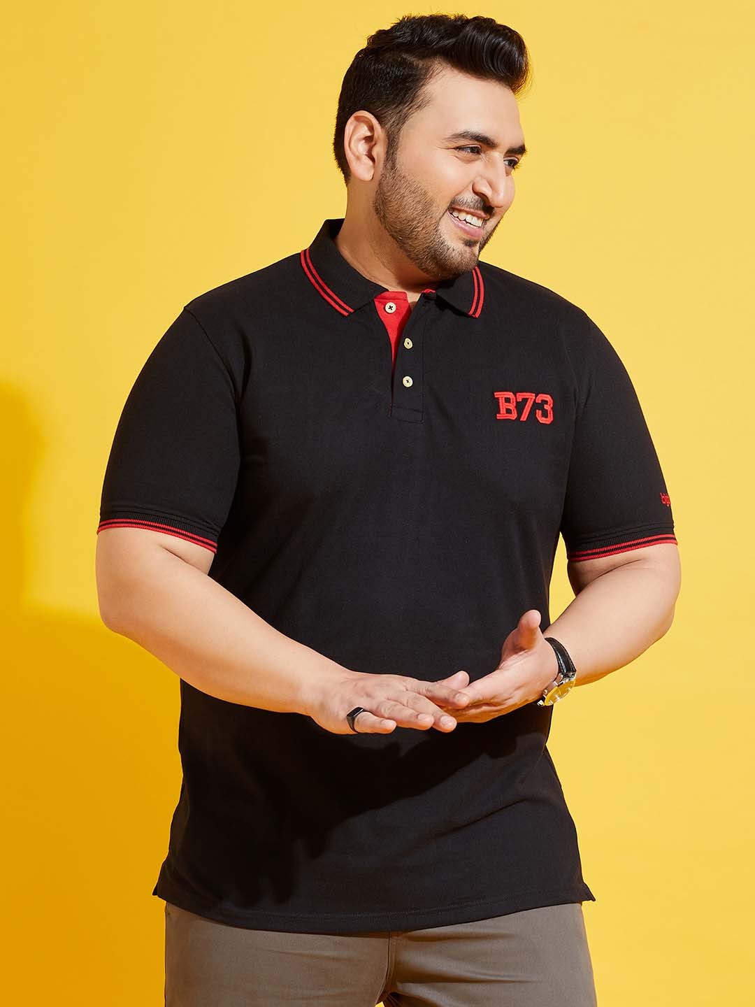 

bigbanana Men Black Polo Collar Bio Finish Plus Size Pure Cotton T-shirt