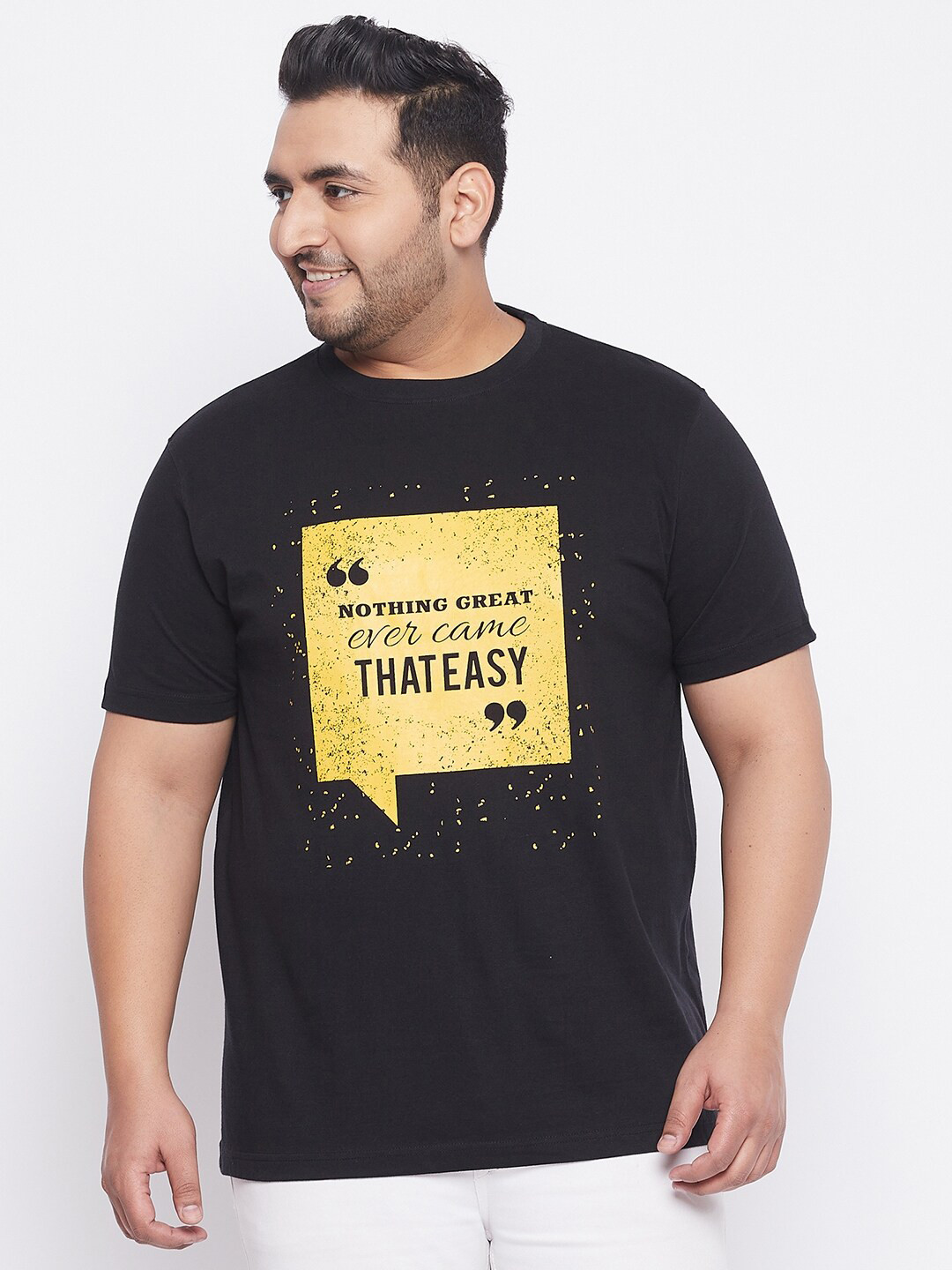 

bigbanana Plus Size Men Black Typography Printed Bio Finish Applique T-shirt