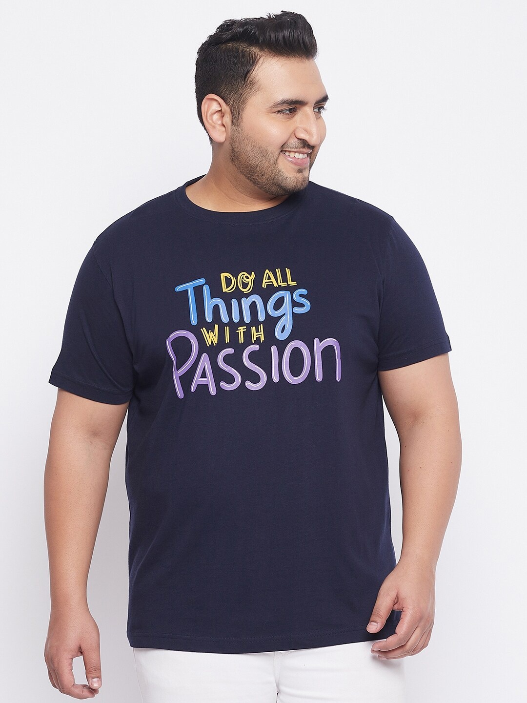

bigbanana Plus Size Men Navy Blue & Purple Printed Bio Finish Cotton T-shirt