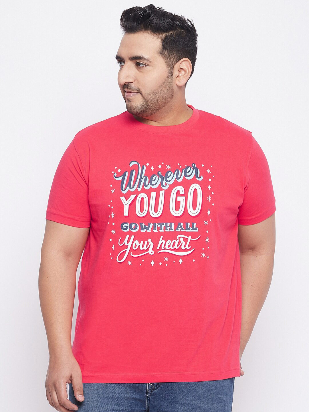 

bigbanana Plus Size Men Pink Typography Printed Bio Finish Cotton T-shirt