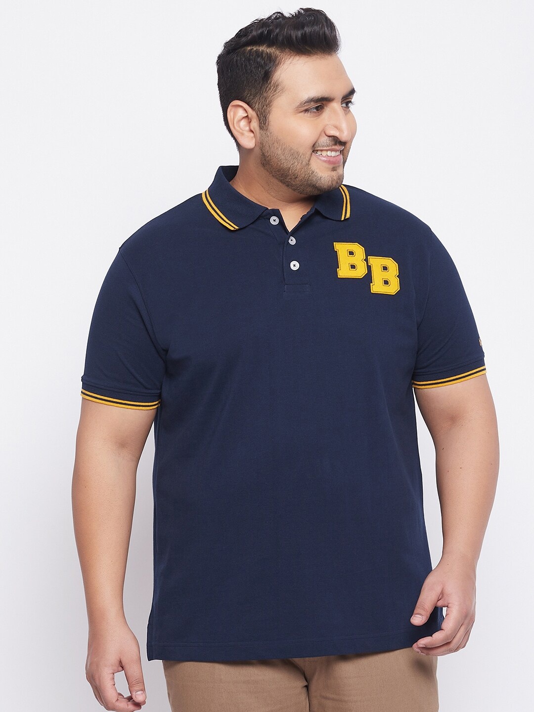 

bigbanana Plus Size Men Navy Blue Typography Polo Collar Bio Finish Applique T-shirt