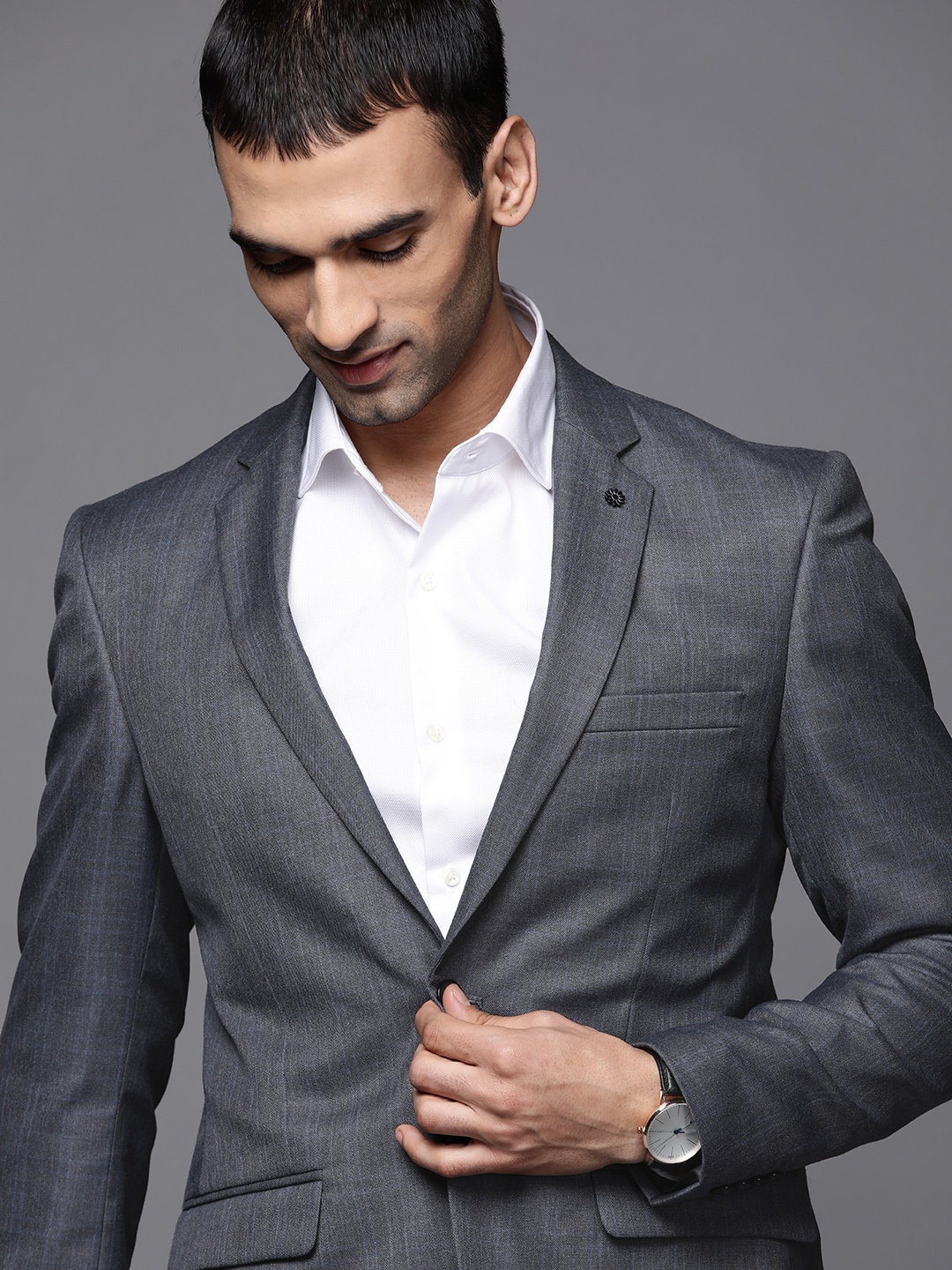 

Raymond Men Charcoal Grey Checked Single-Breasted Formal Blazer