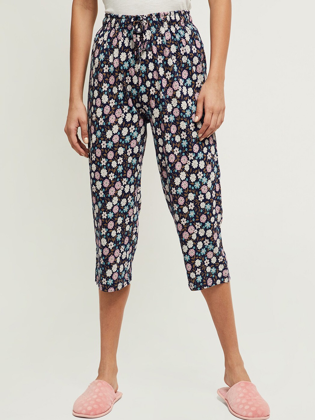 

max Women Navy Blue & Pink Floral Print Pure Cotton Lounge Capris