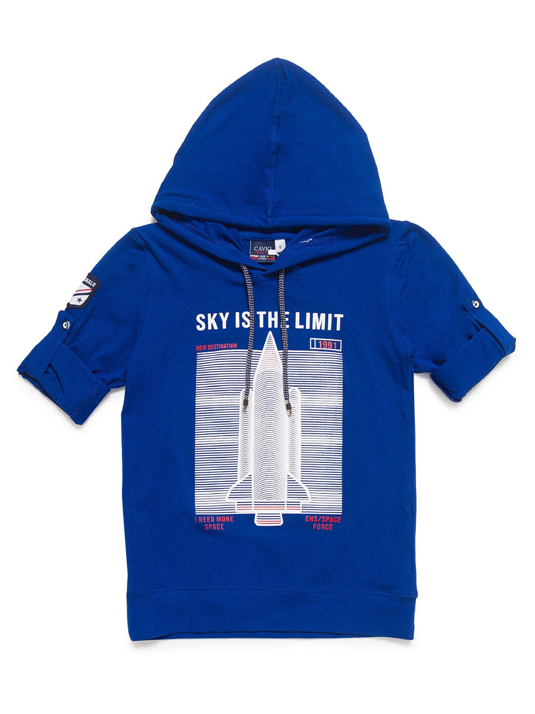 

CAVIO Boys Blue Striped Rocket Printed Applique T-shirt
