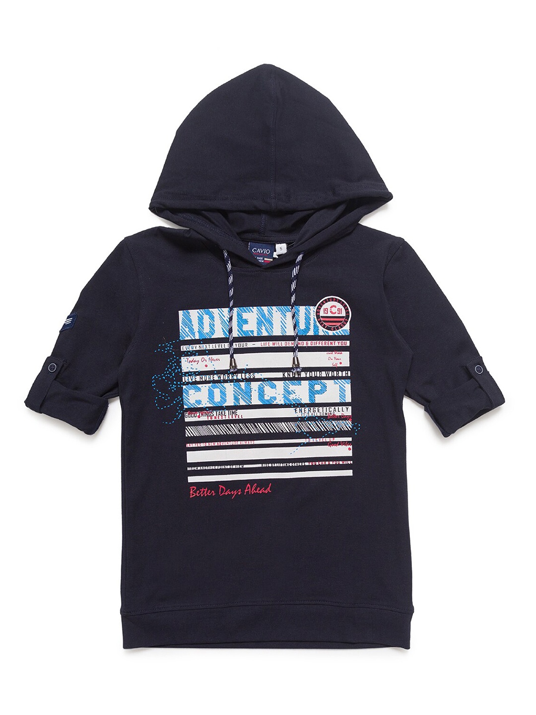 

CAVIO Boys Navy Blue Printed Hooded T-shirt