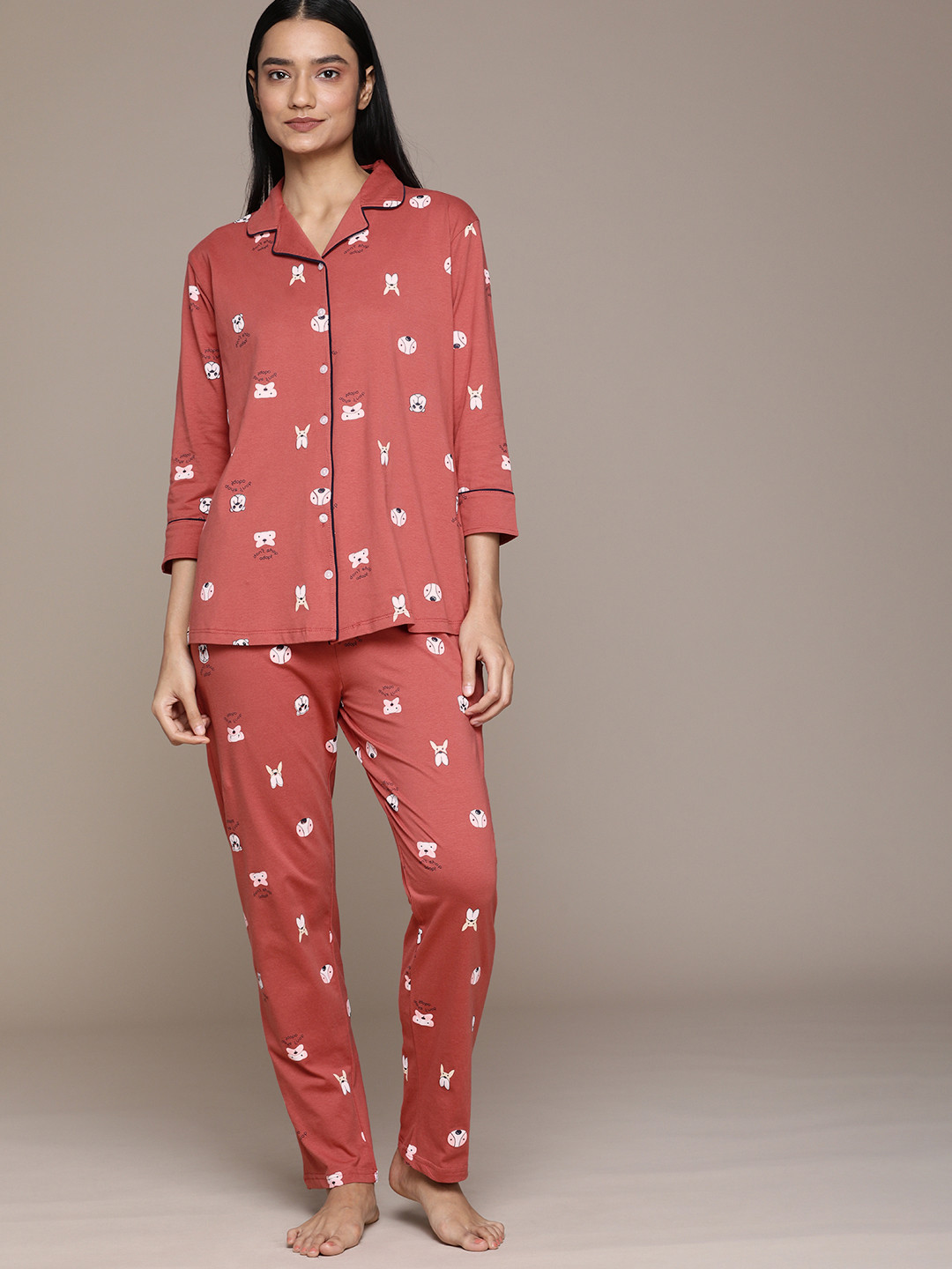 

beebelle Women Rust Dog Print Pure Cotton Night suit