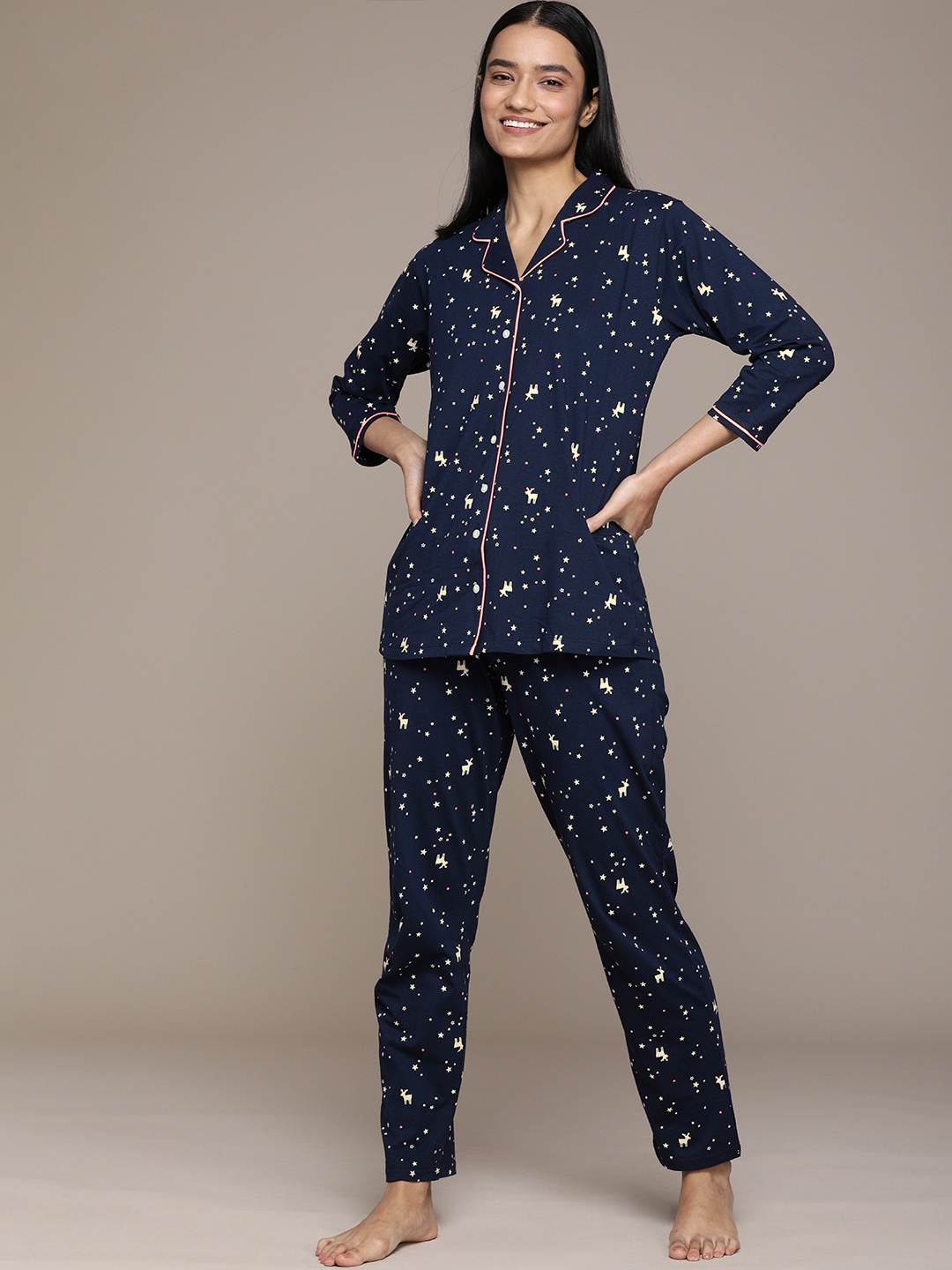 

beebelle Women Navy Blue Printed Night suit