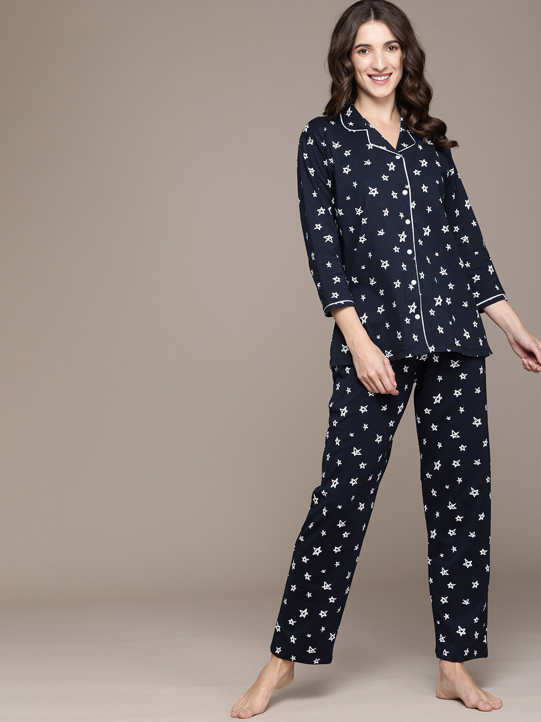 

beebelle Women Navy Blue & White Printed Night suit