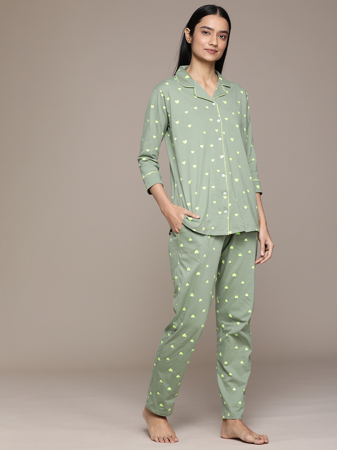 

beebelle Women Olive Green & Yellow Printed Night suit