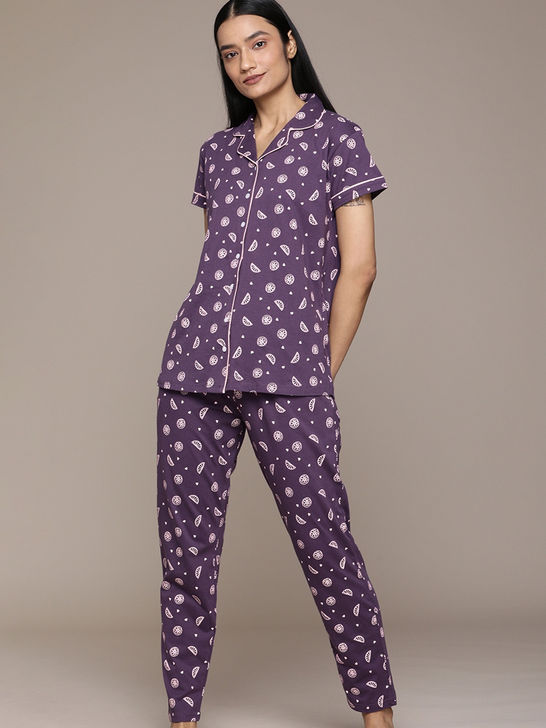 

beebelle Women Purple & Pink Cotton Conversational Print Pyjama Set