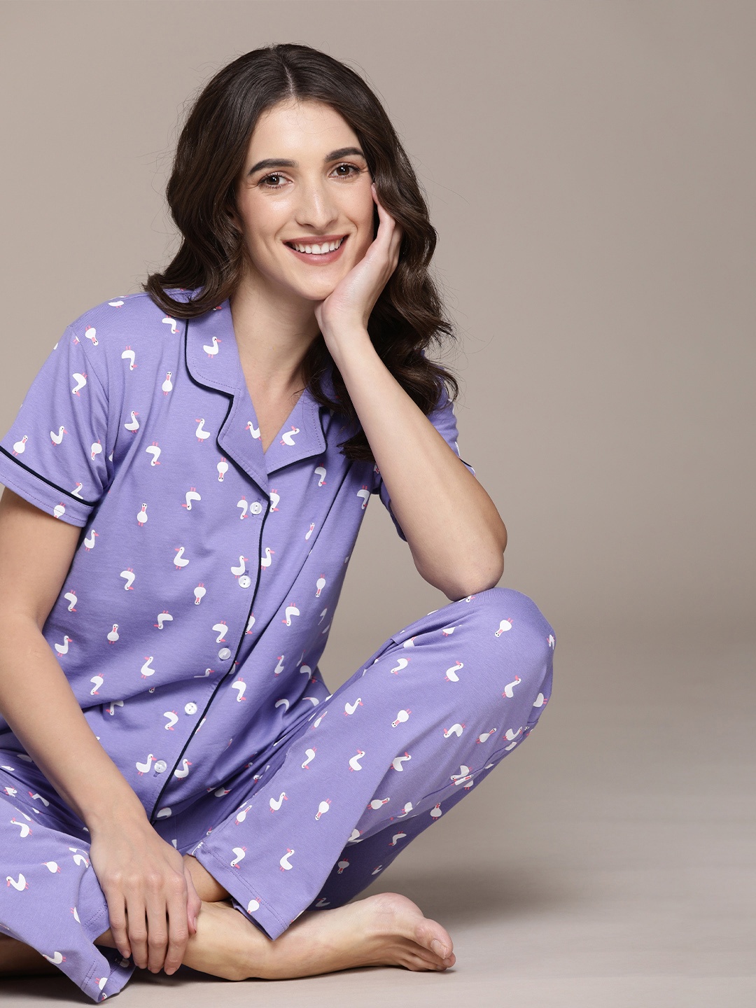 

beebelle Women Purple & White Pure Cotton Printed Night suit