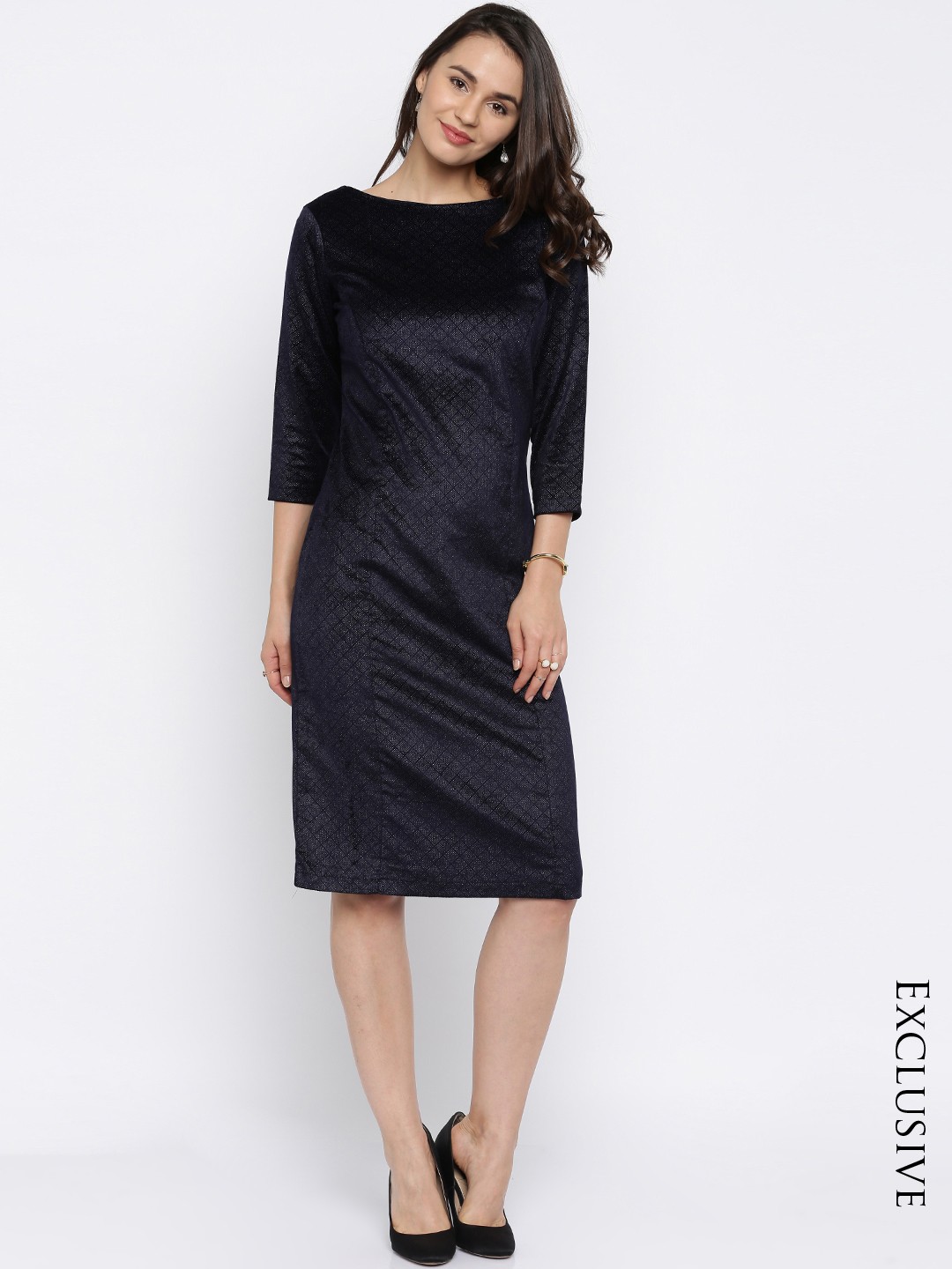 

Miss Chase Women Navy Self-design Sheath Dress, Navy blue