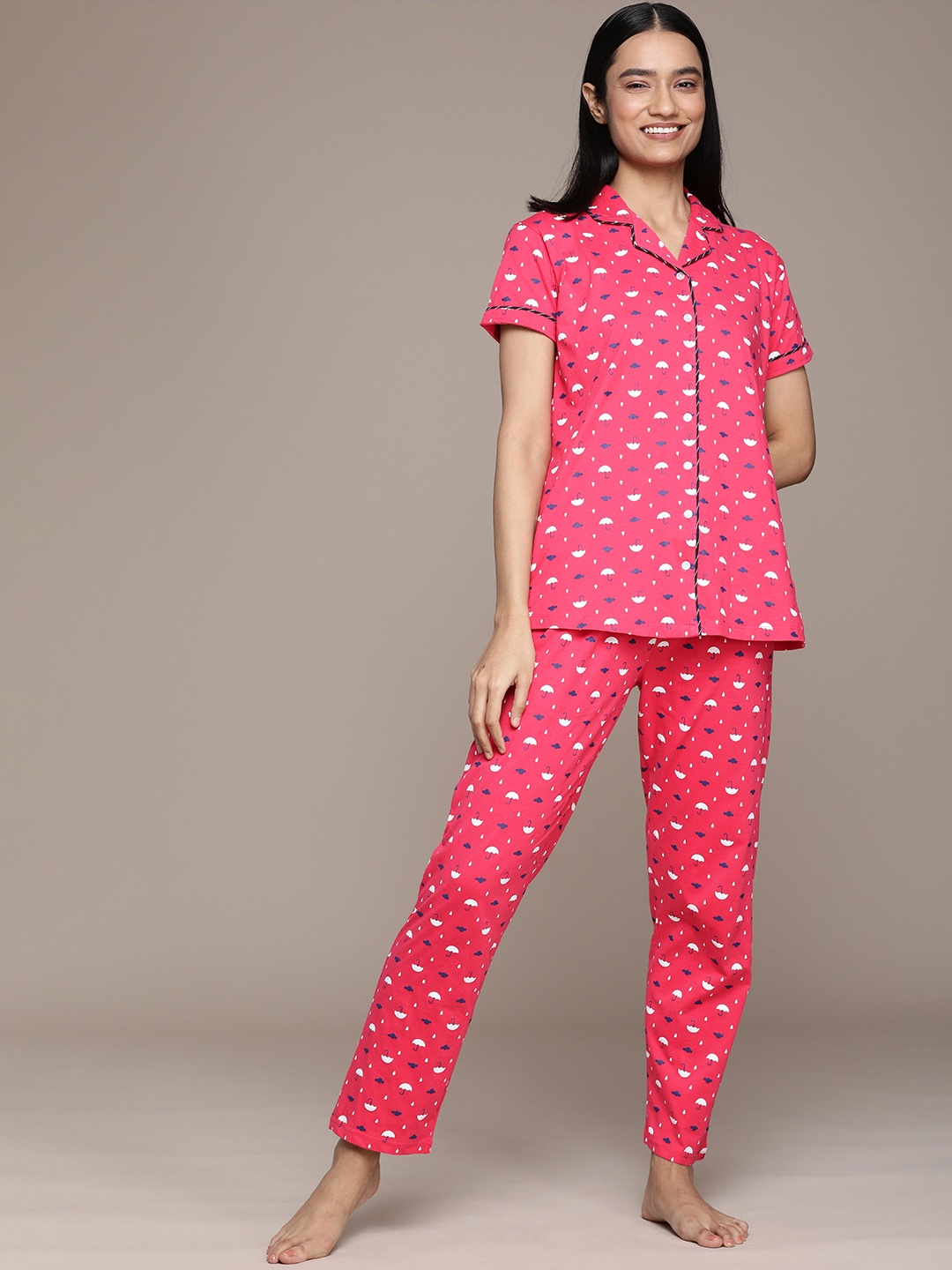 

beebelle Women Pink & White Pure Cotton Umbrella Printed Night suit