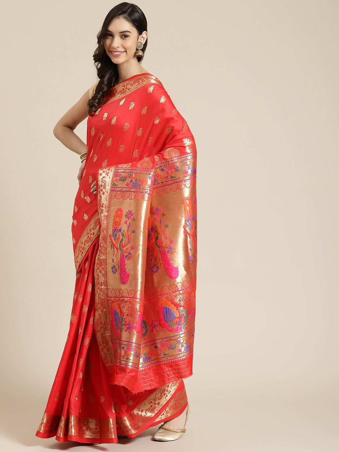 

Havida Sarees Red Woven Design Silk Blend Ready to Wear Paithani Saree