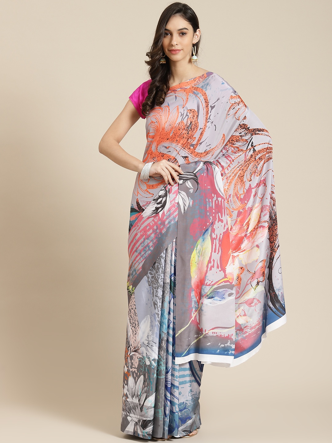 

Havida Sarees Multicoloured Silk Blend Ready to Wear Block Print Saree, Multi