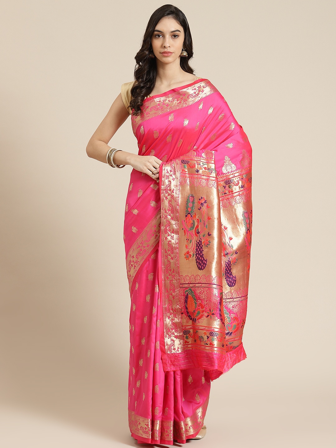 

Havida Sarees Pink Woven Design Silk Blend Ready to Wear Paithani Saree