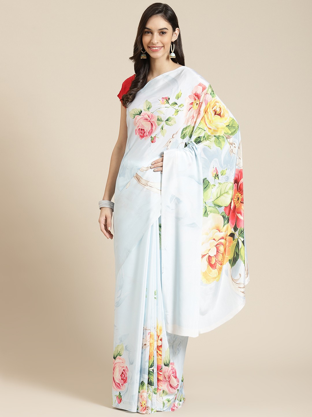 

Havida Sarees White Floral Silk Blend Ready to Wear Block Print Saree