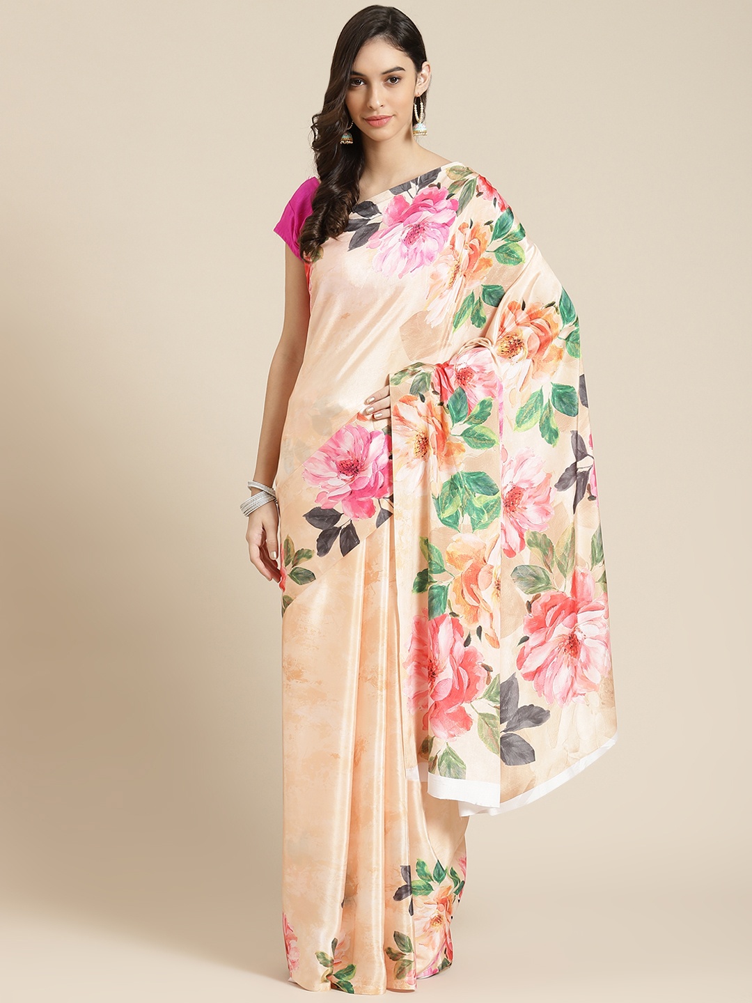 

Havida Sarees Cream-Coloured Floral Silk Blend Ready to Wear Block Print Saree