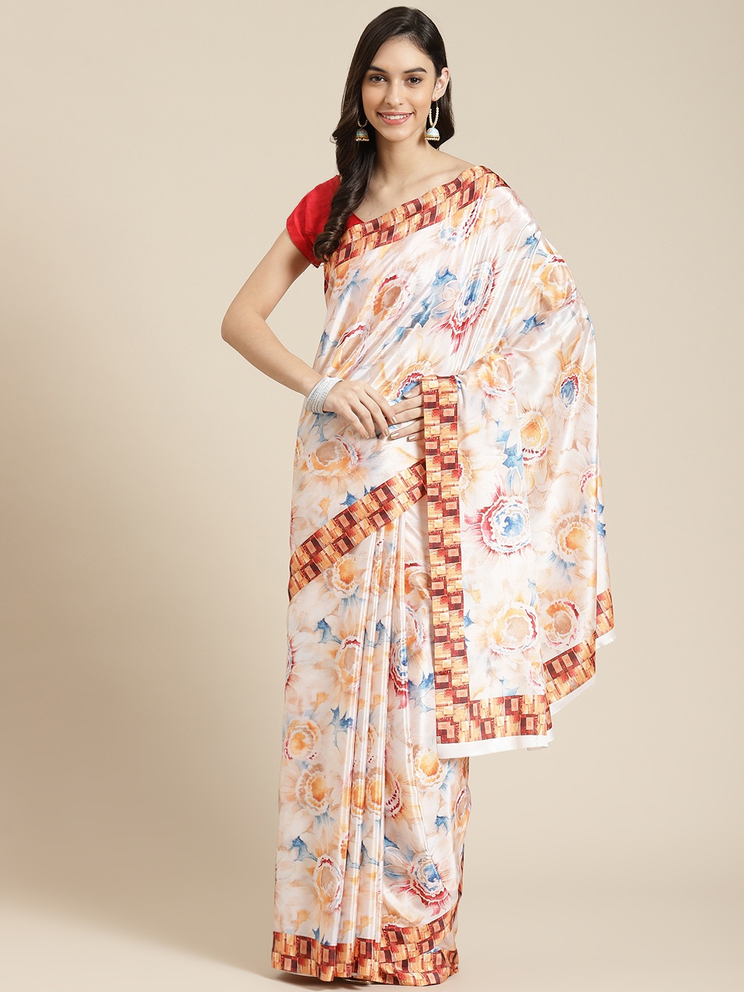

Havida Sarees White & Coffee Brown Floral Silk Blend Ready to Wear Block Print Saree