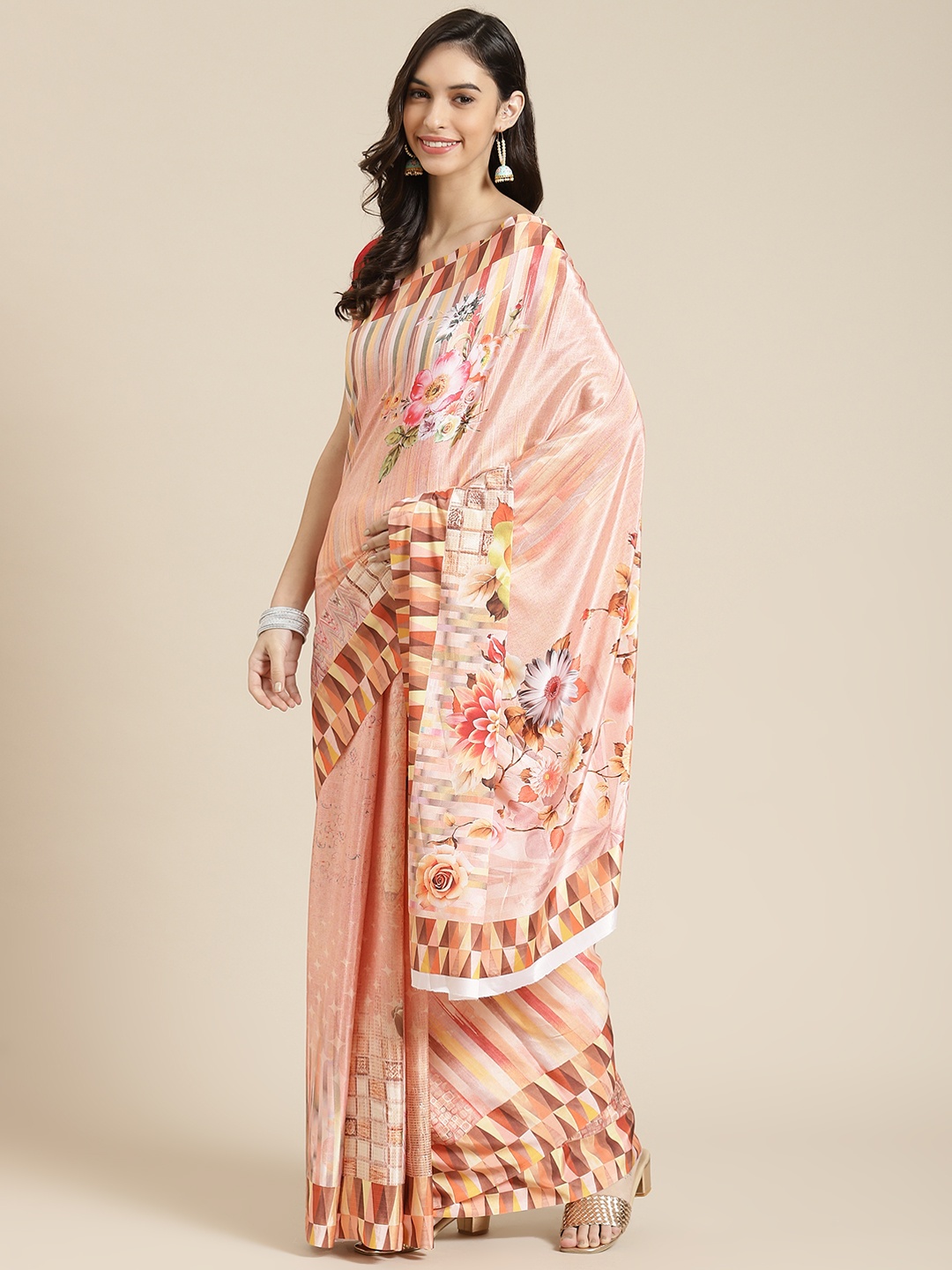 

Havida Sarees Cream-Coloured Floral Silk Blend Ready to Wear Block Print Saree