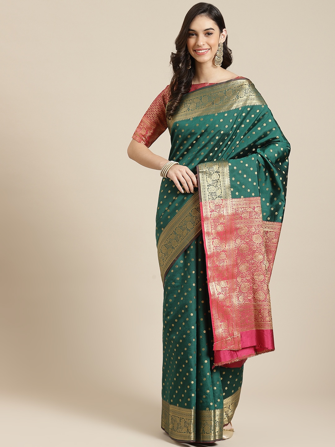 

Havida Sarees Green Woven Design Silk Blend Ready to Wear Banarasi Saree