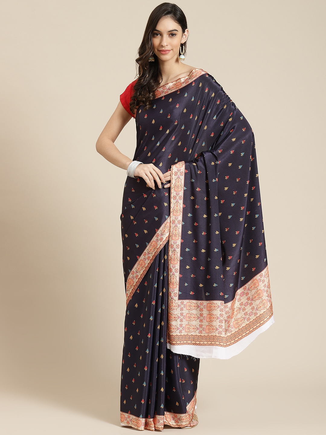 

Havida Sarees Navy Blue Ethnic Motifs Silk Blend Ready to Wear Block Print Saree