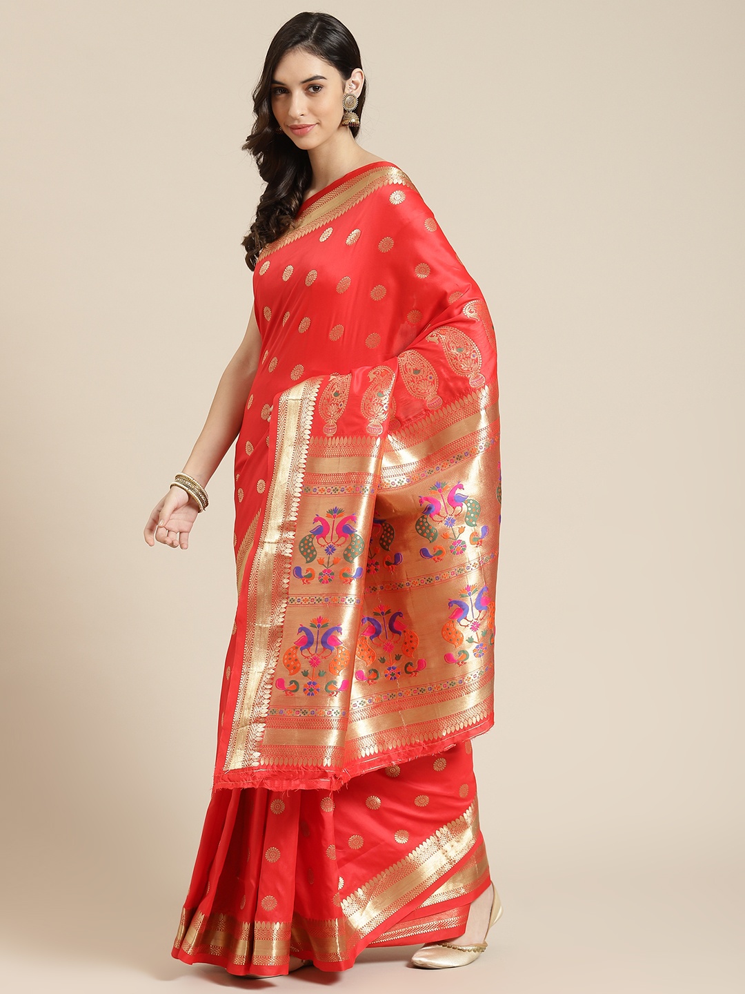 

Havida Sarees Red Woven Design Silk Blend Ready to Wear Paithani Saree