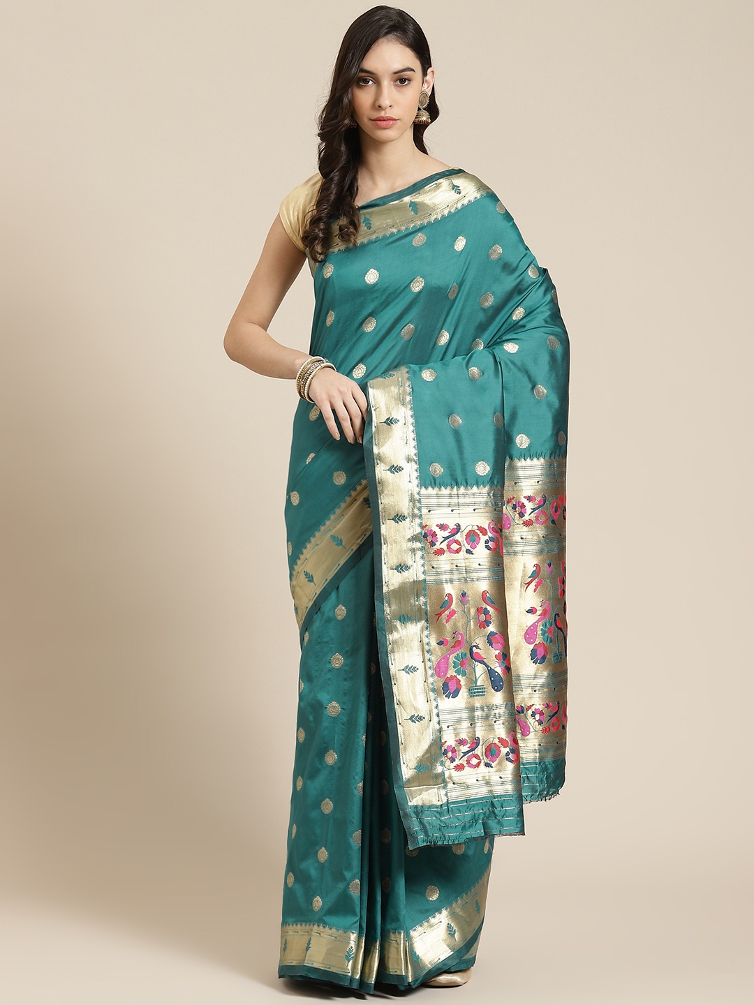 

Havida Sarees Turquoise Blue Woven Design Silk Blend Ready to Wear Paithani Saree