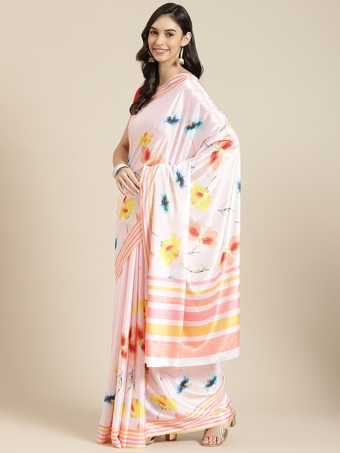

Havida Sarees Pink Floral Silk Blend Ready to Wear Block Print Saree