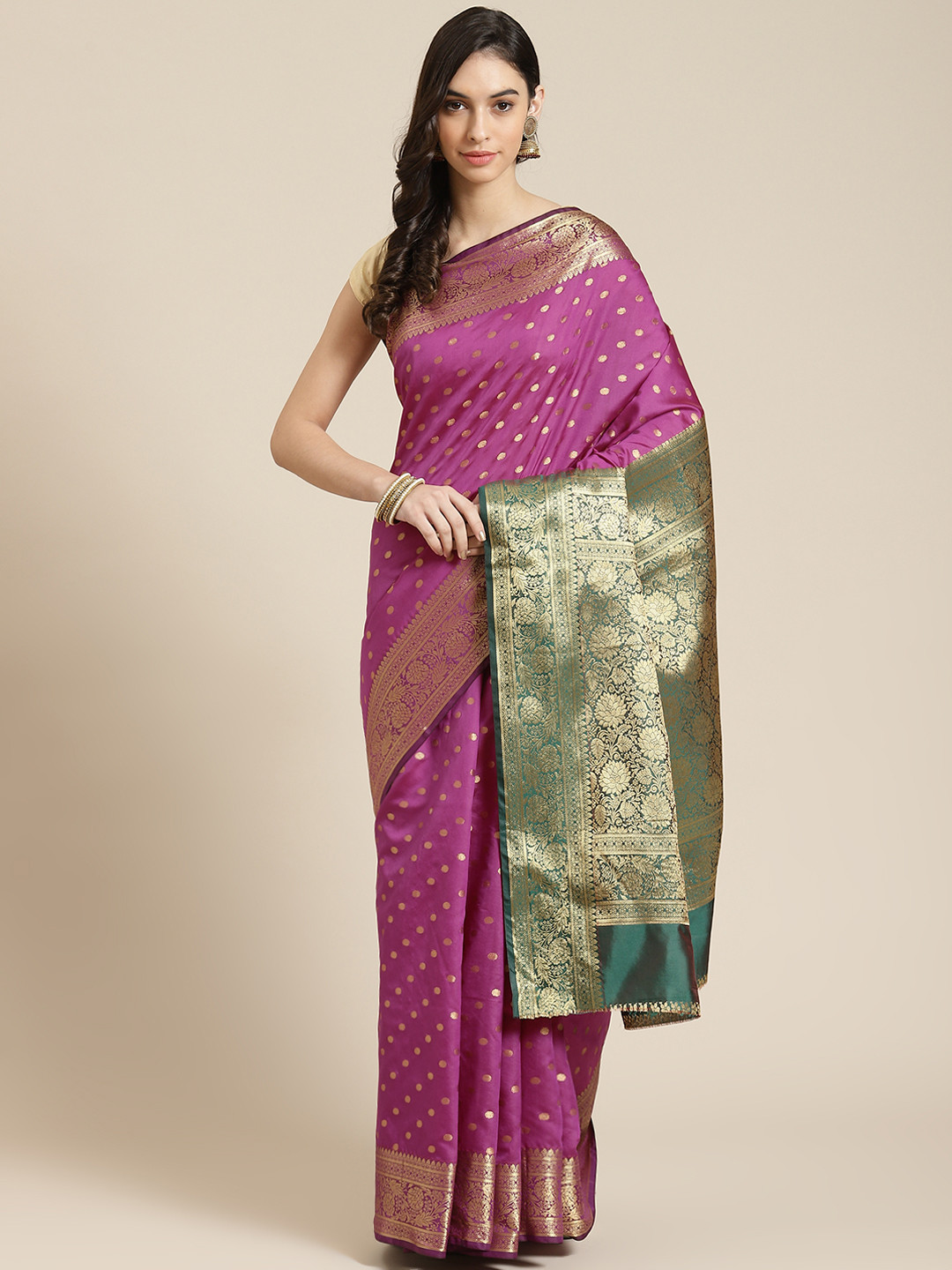 

Havida Sarees Purple Woven Design Silk Blend Ready to Wear Banarasi Saree
