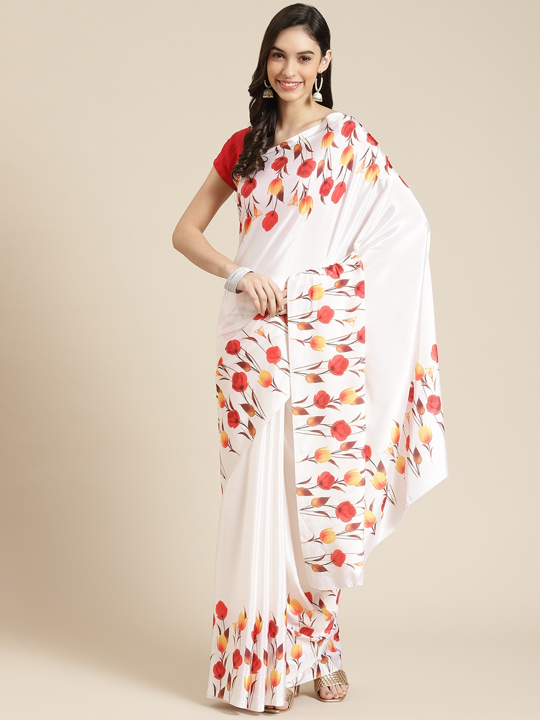 

Havida Sarees White & Red Floral Silk Blend Ready to Wear Block Print Saree