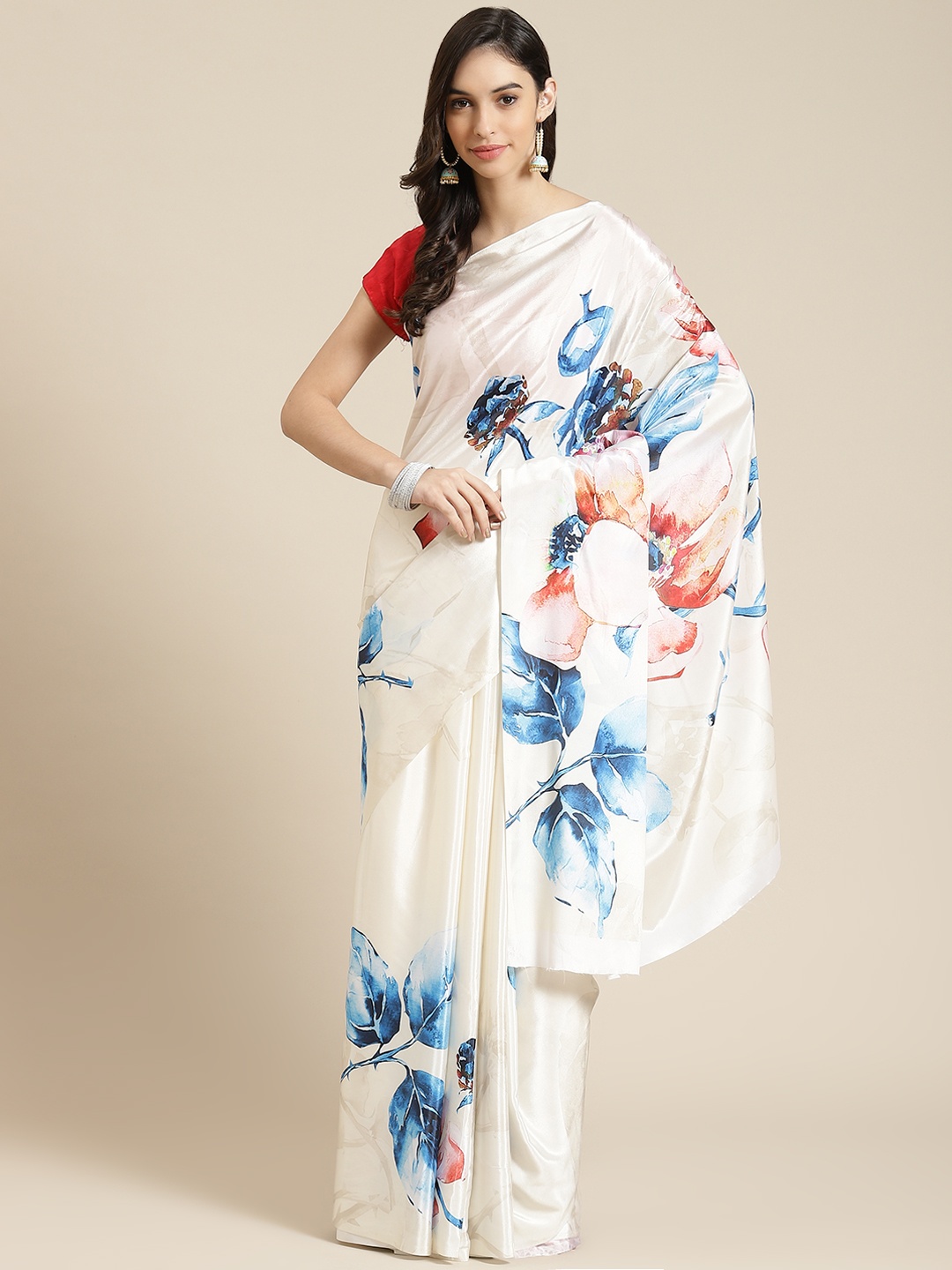 

Havida Sarees White Floral Silk Blend Ready to Wear Block Print Saree