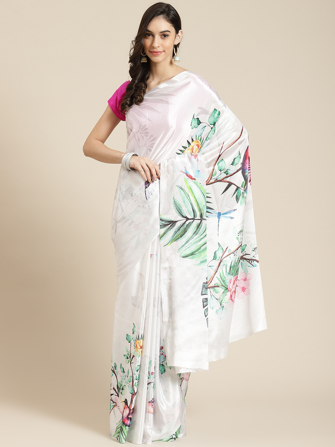

Havida Sarees White Floral Silk Blend Ready to Wear Block Print Saree