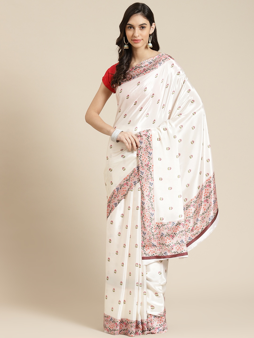 

Havida Sarees White Ethnic Motifs Silk Blend Ready to Wear Block Print Saree