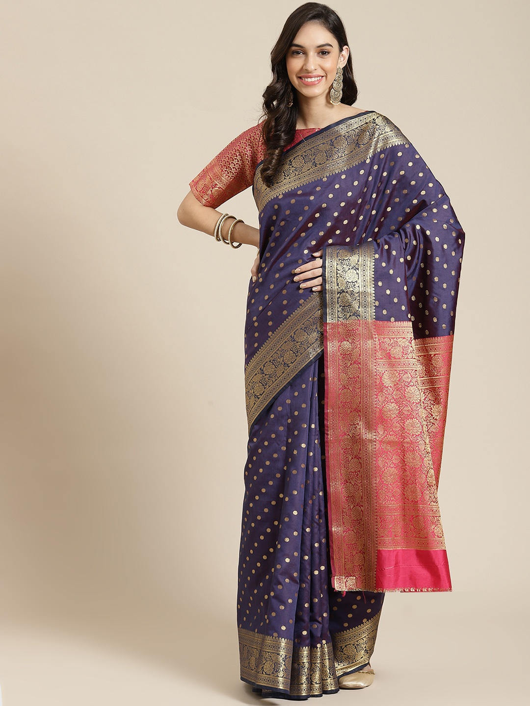 

Havida Sarees Navy Blue Woven Design Silk Blend Ready to Wear Banarasi Saree