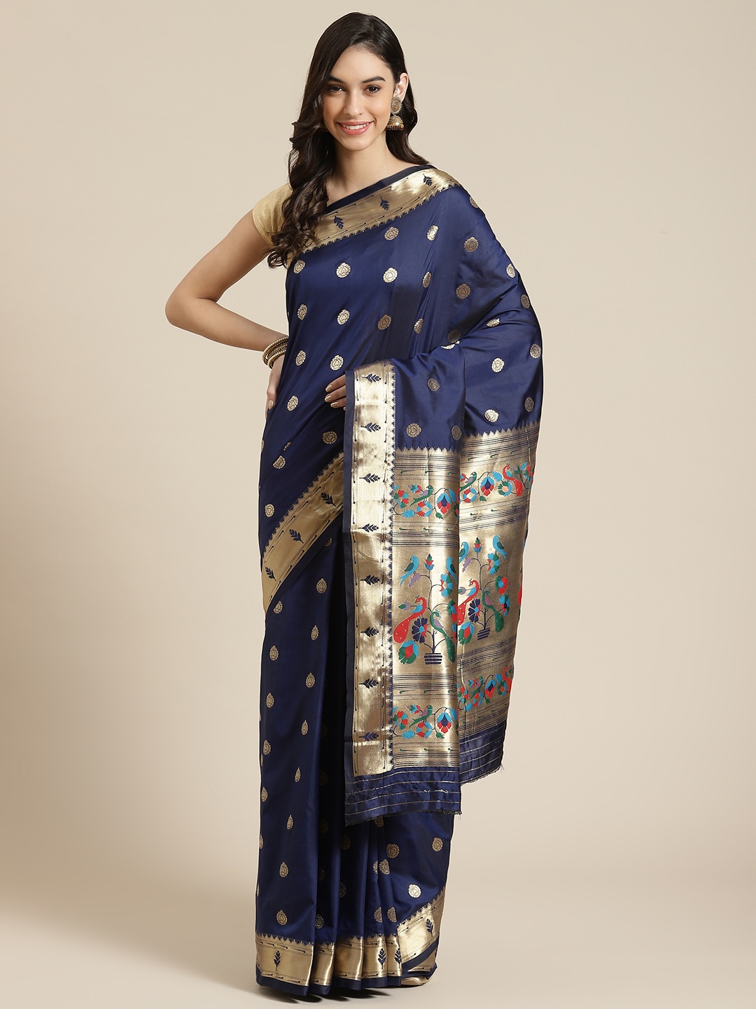 

Havida Sarees Navy Blue Woven Design Silk Blend Ready to Wear Paithani Saree