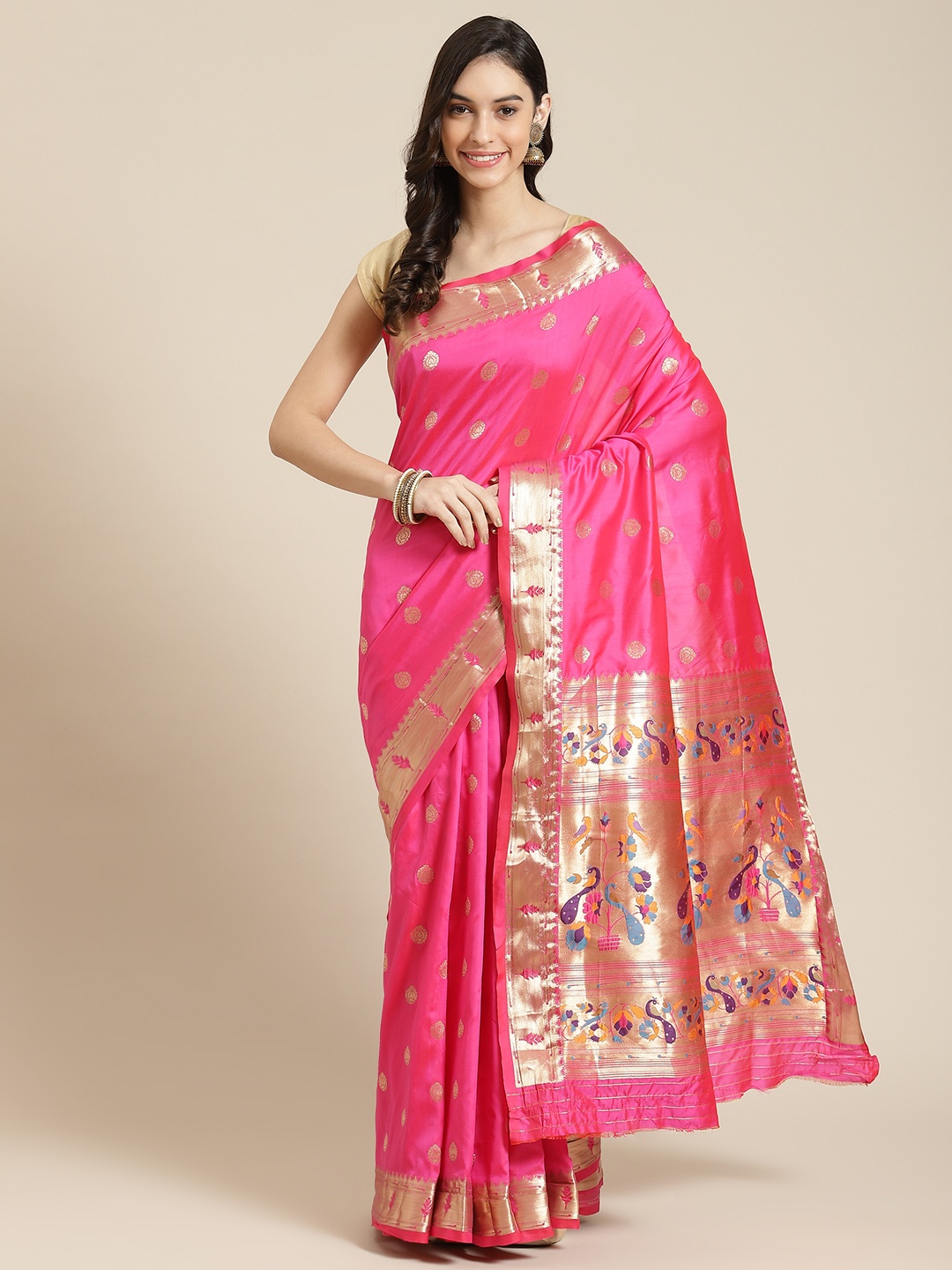 

Havida Sarees Pink Woven Design Silk Blend Ready to Wear Paithani Saree