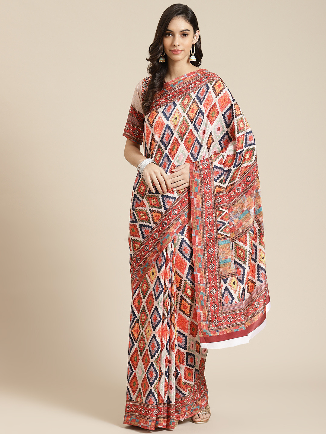 

Havida Sarees Multicoloured Silk Blend Ready to Wear Block Print Saree, Multi