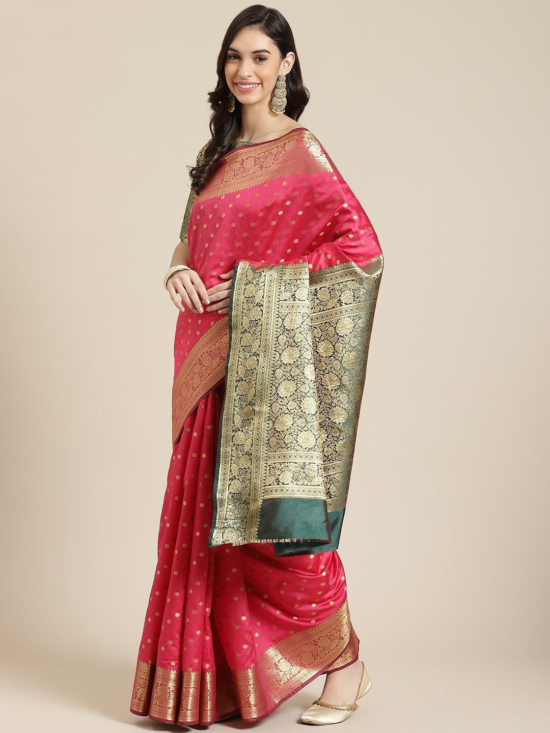 

Havida Sarees Pink Woven Design Silk Blend Ready to Wear Banarasi Saree