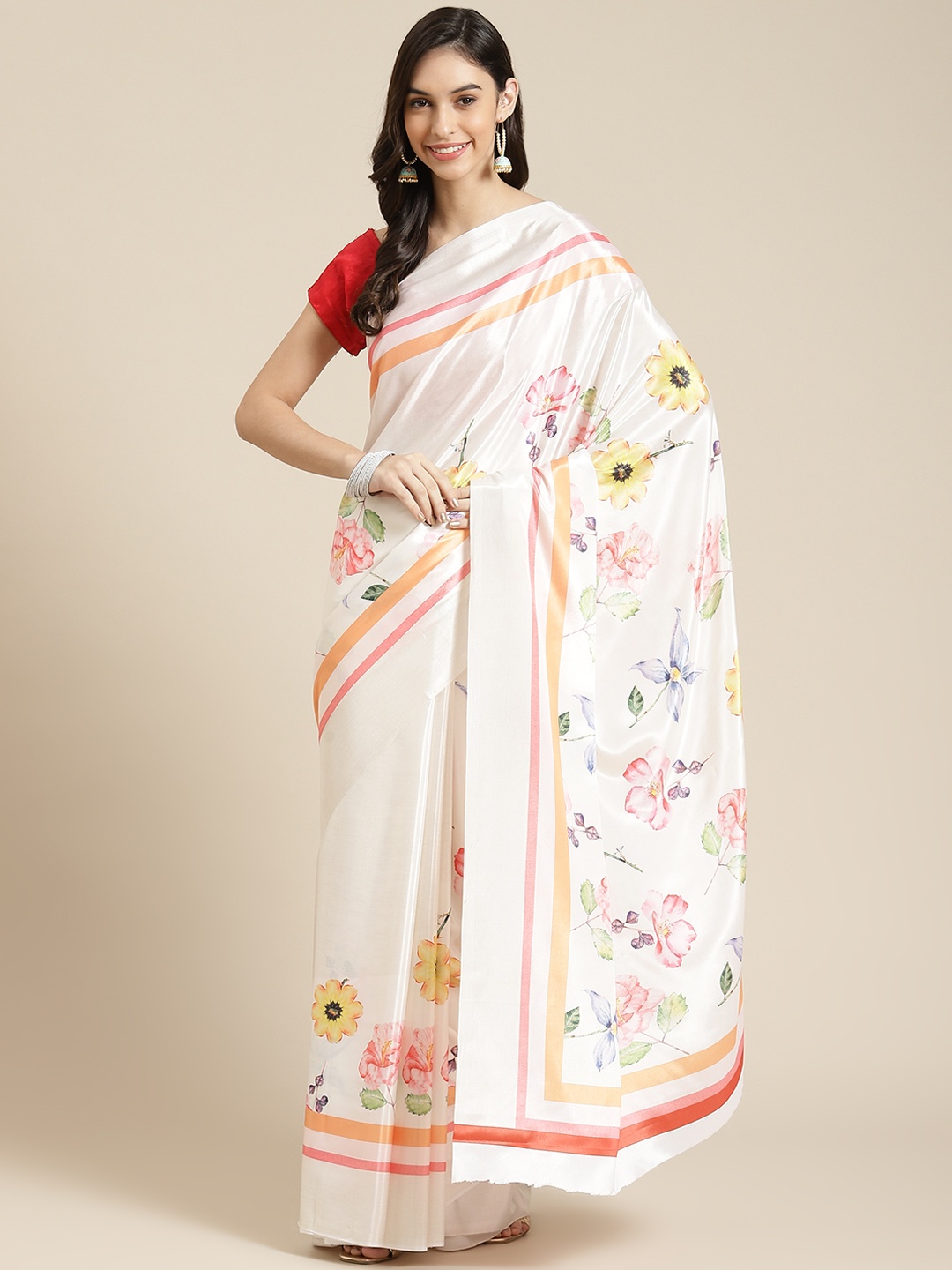 

Havida Sarees White Floral Silk Blend Ready to Wear Block Print Saree